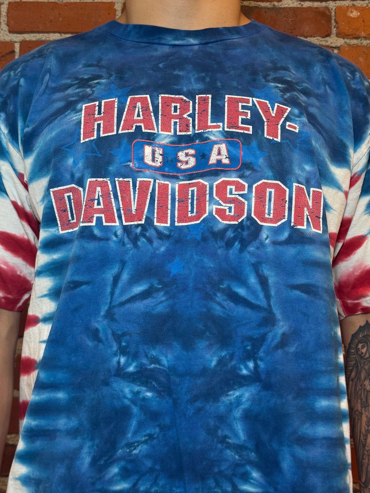(2XL) 1990s Harley‑Davidson Roeder Sandusky OH Blue Tie‑Dye Tee