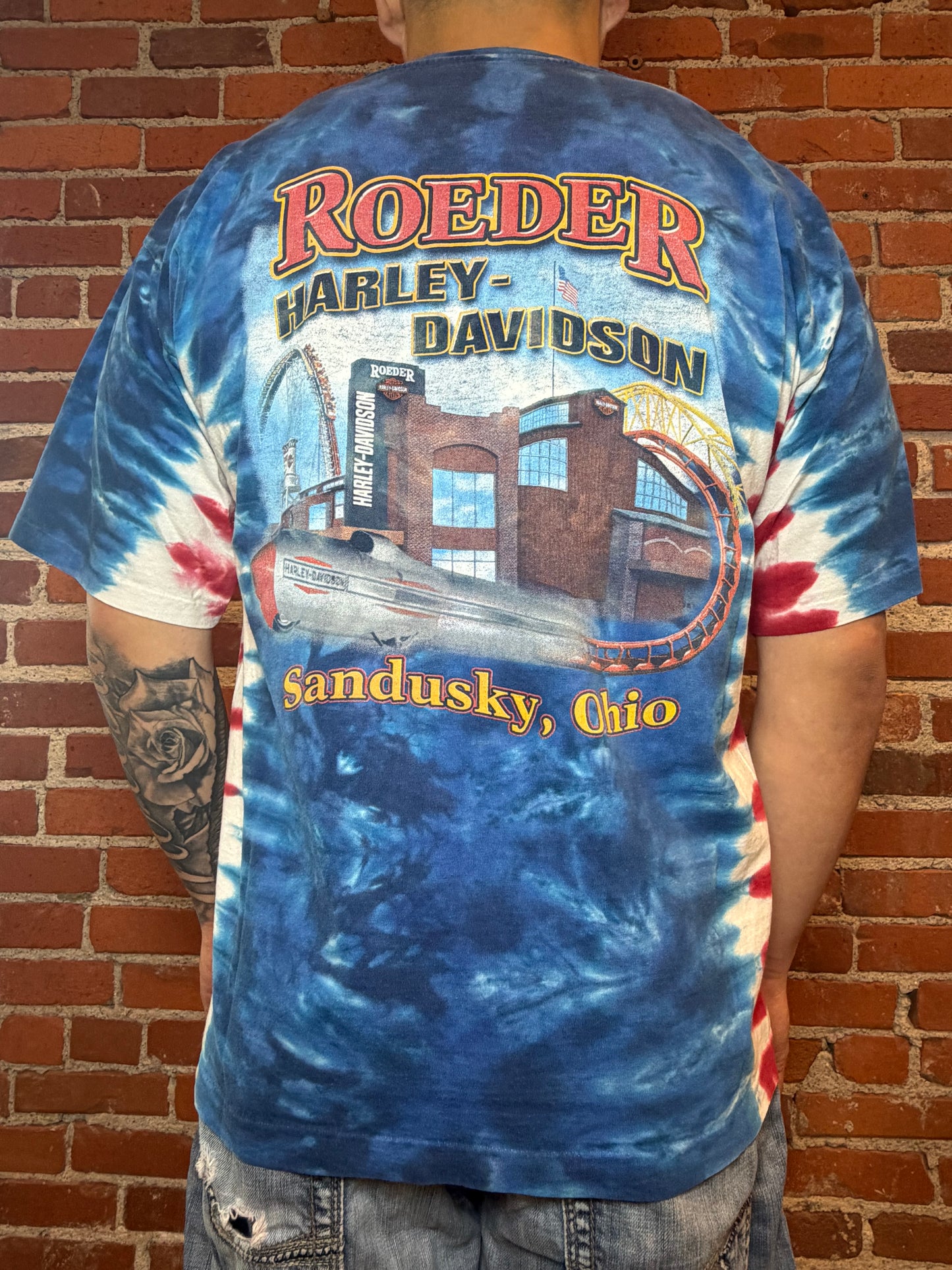(2XL) 1990s Harley‑Davidson Roeder Sandusky OH Blue Tie‑Dye Tee