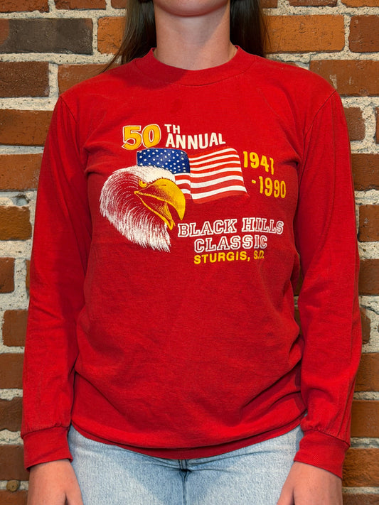 (S) 1990 Sturgis 50th Anniversary Black Hills Classic Red Long Sleeve Tee
