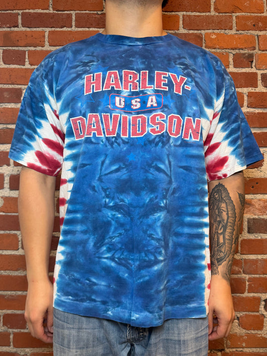 (2XL) 1990s Harley‑Davidson Roeder Sandusky OH Blue Tie‑Dye Tee