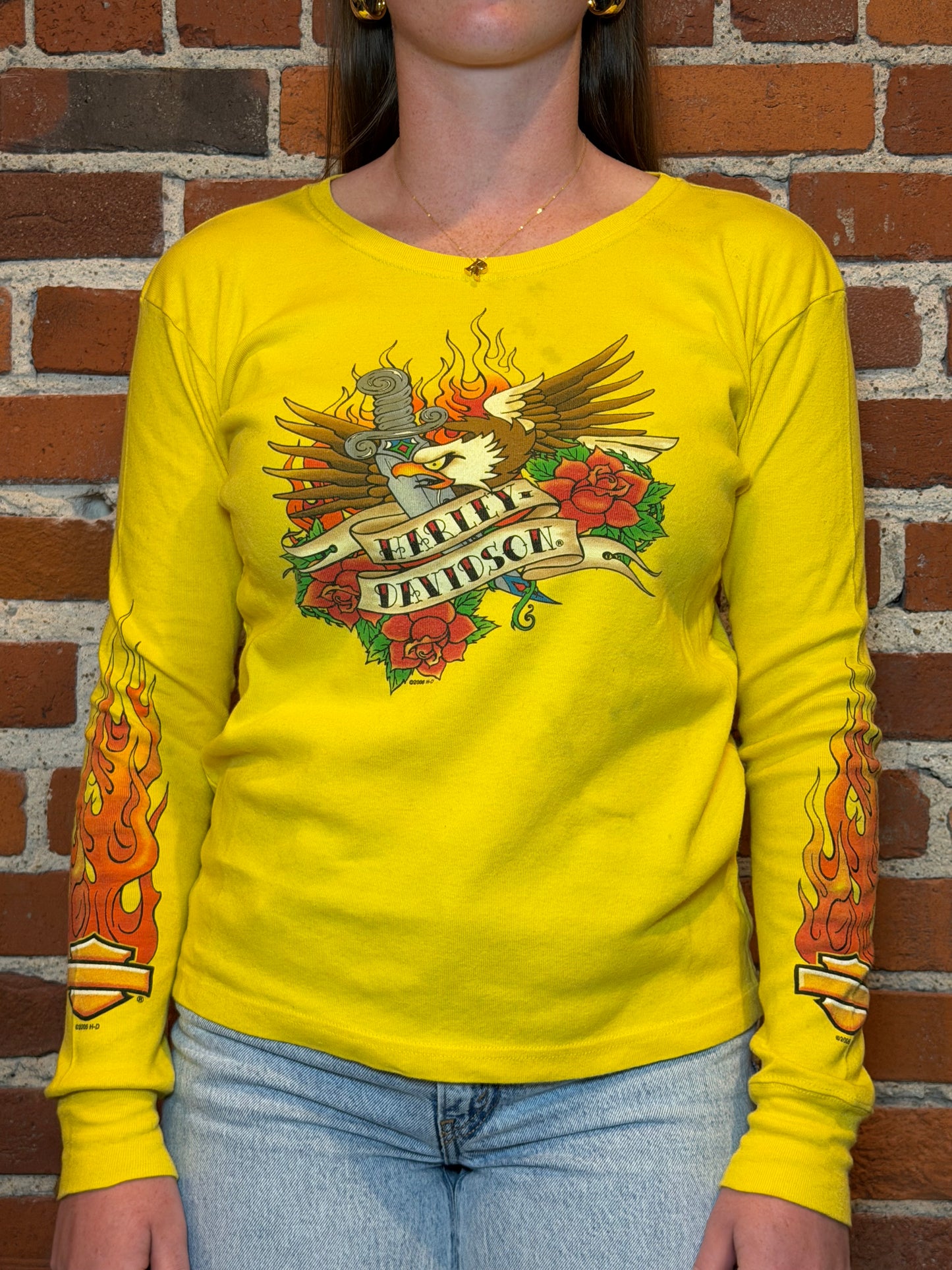 (L)2006 Women’s Harley‑Davidson Tucson AZ Eagle Dagger Roses Flame Long Sleeve