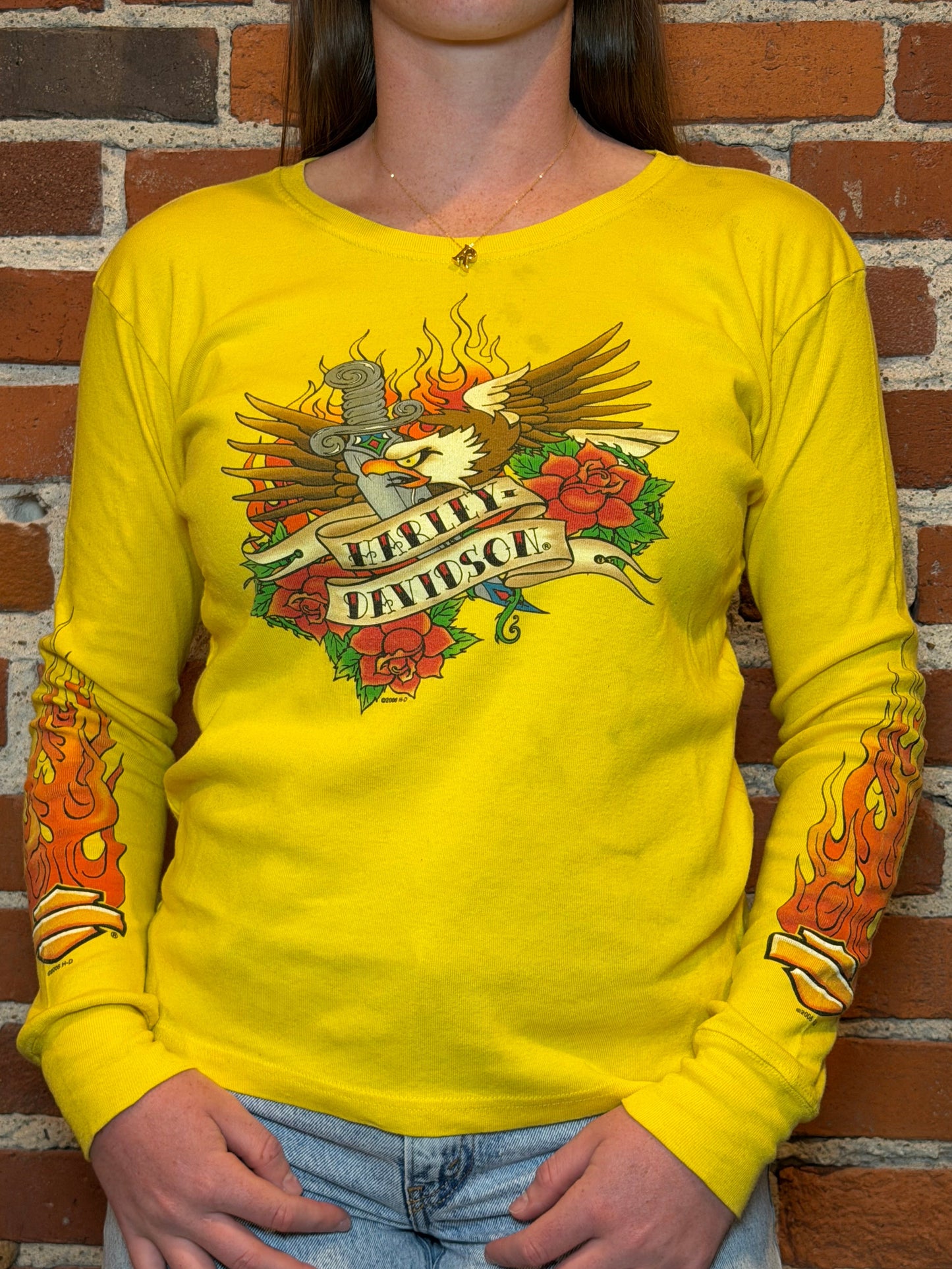 (L)2006 Women’s Harley‑Davidson Tucson AZ Eagle Dagger Roses Flame Long Sleeve