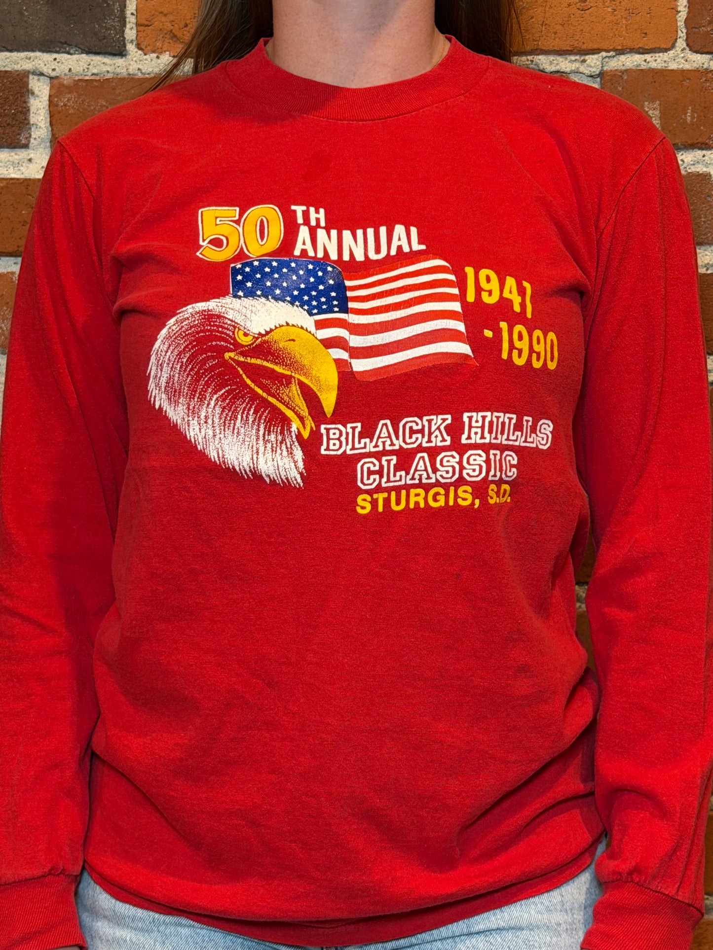 (S) 1990 Sturgis 50th Anniversary Black Hills Classic Red Long Sleeve Tee